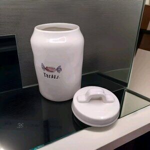 Rae Dunn Christmas Peppermint Candy “ Treats” Canister With Lid Retired 8”  USED